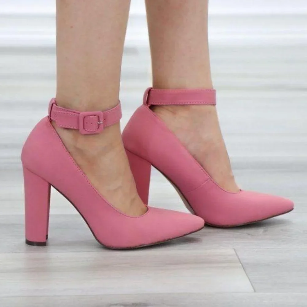 Pink Pointy Toe Ankle Brace Buckle Heels - Picture 8 of 9
